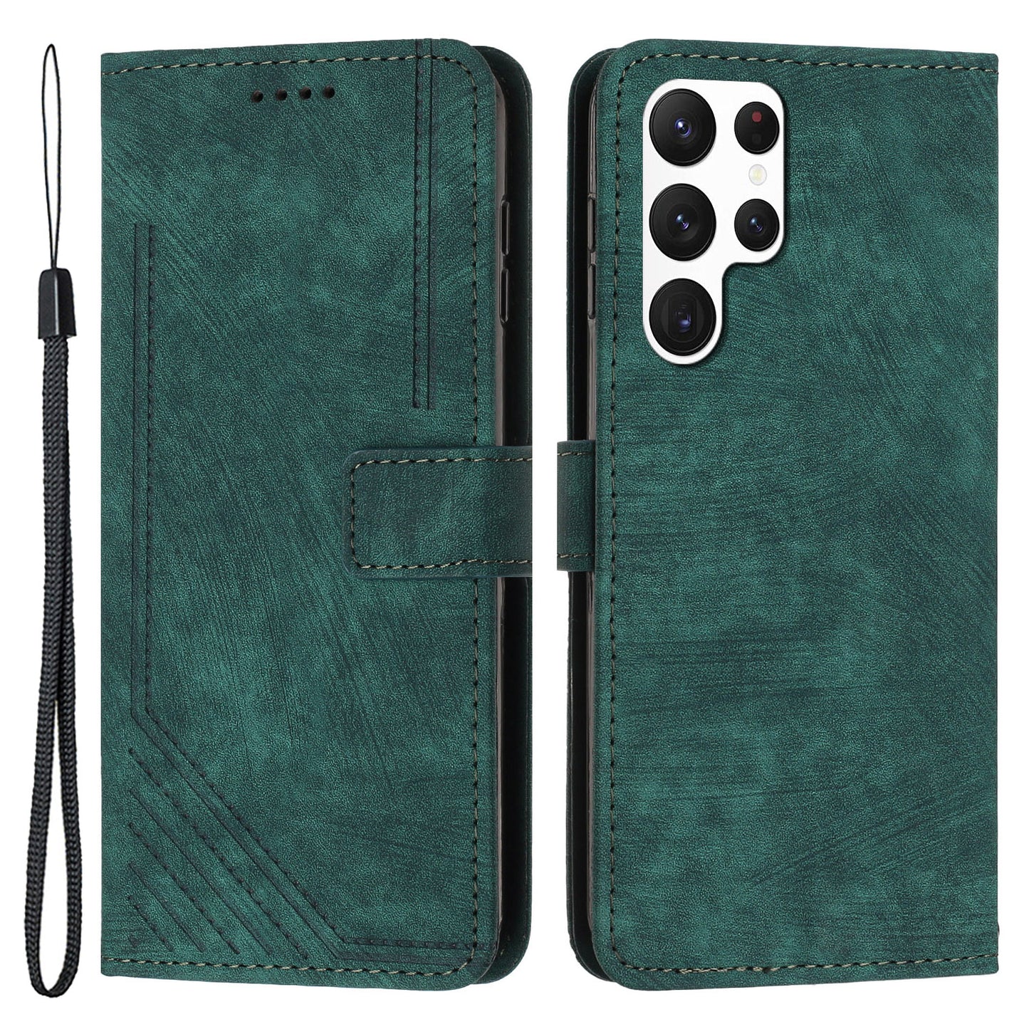 For Samsung Galaxy S22 Ultra 5G Anti-Drop Phone Case Skin-Touch Lines Imprinted PU Leather Wallet Cover