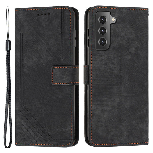 For Samsung Galaxy S22+ 5G Skin-Touch Shockproof Case Lines Imprinted PU Leather Wallet Phone Cover
