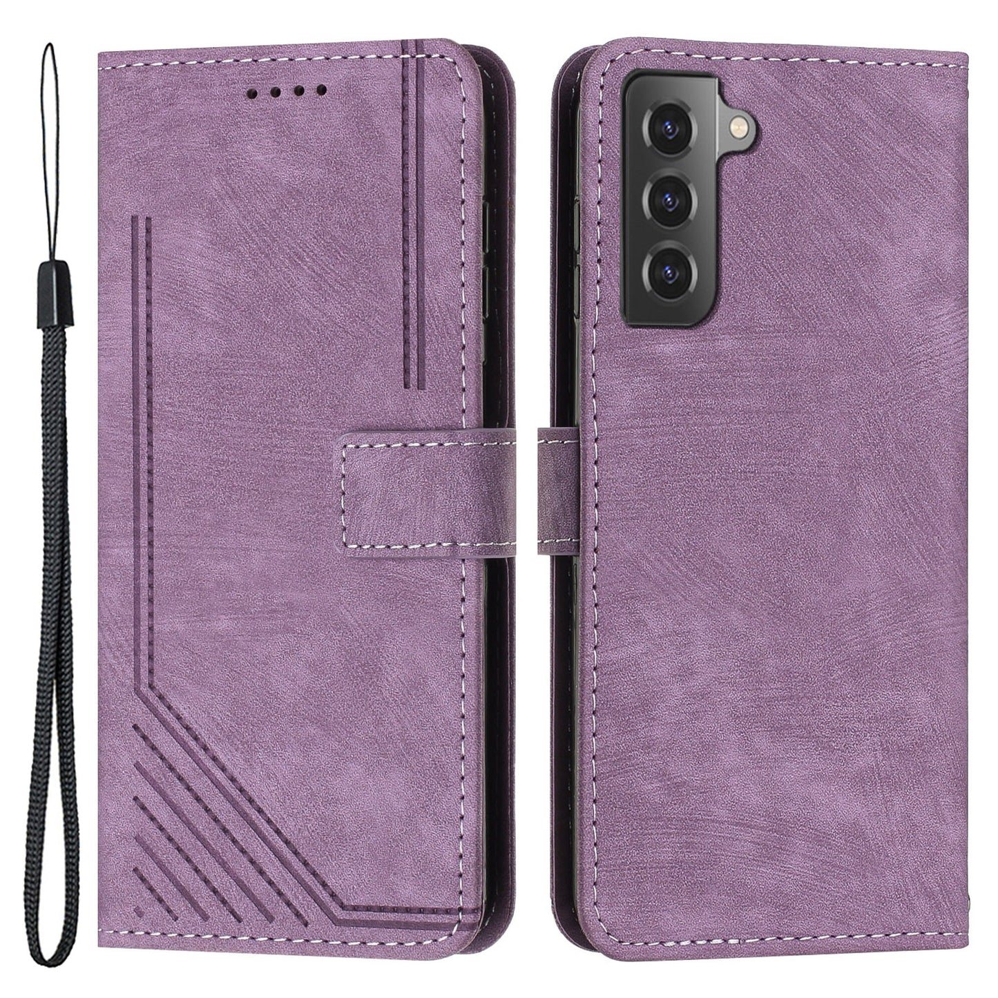 For Samsung Galaxy S22+ 5G Skin-Touch Shockproof Case Lines Imprinted PU Leather Wallet Phone Cover
