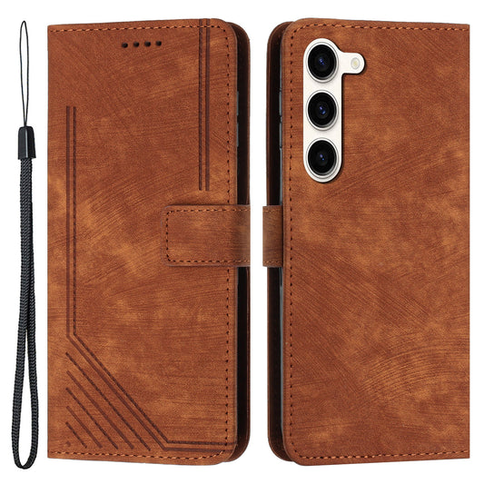 PU Leather Phone Cover for Samsung Galaxy S23 Skin-Touch Lines Imprinted Wallet Phone Case with Stand