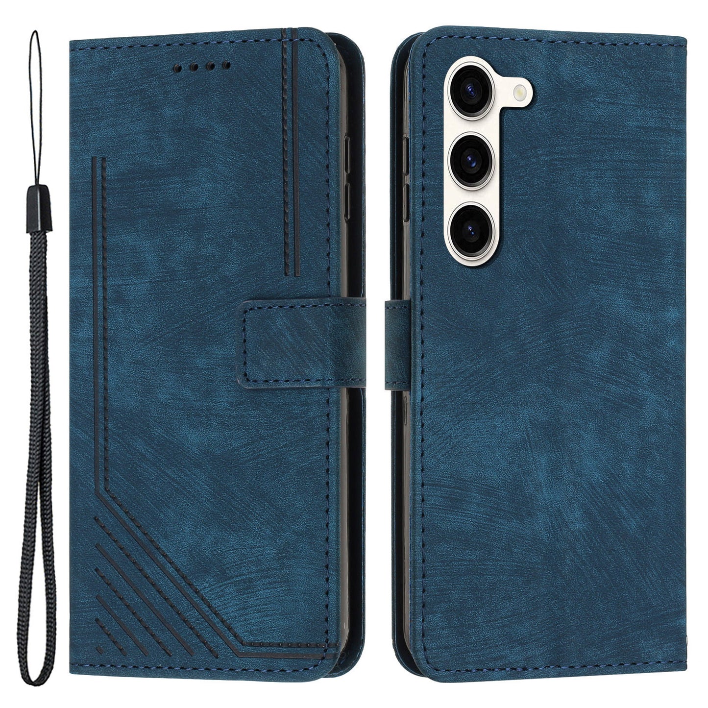 PU Leather Phone Cover for Samsung Galaxy S23 Skin-Touch Lines Imprinted Wallet Phone Case with Stand