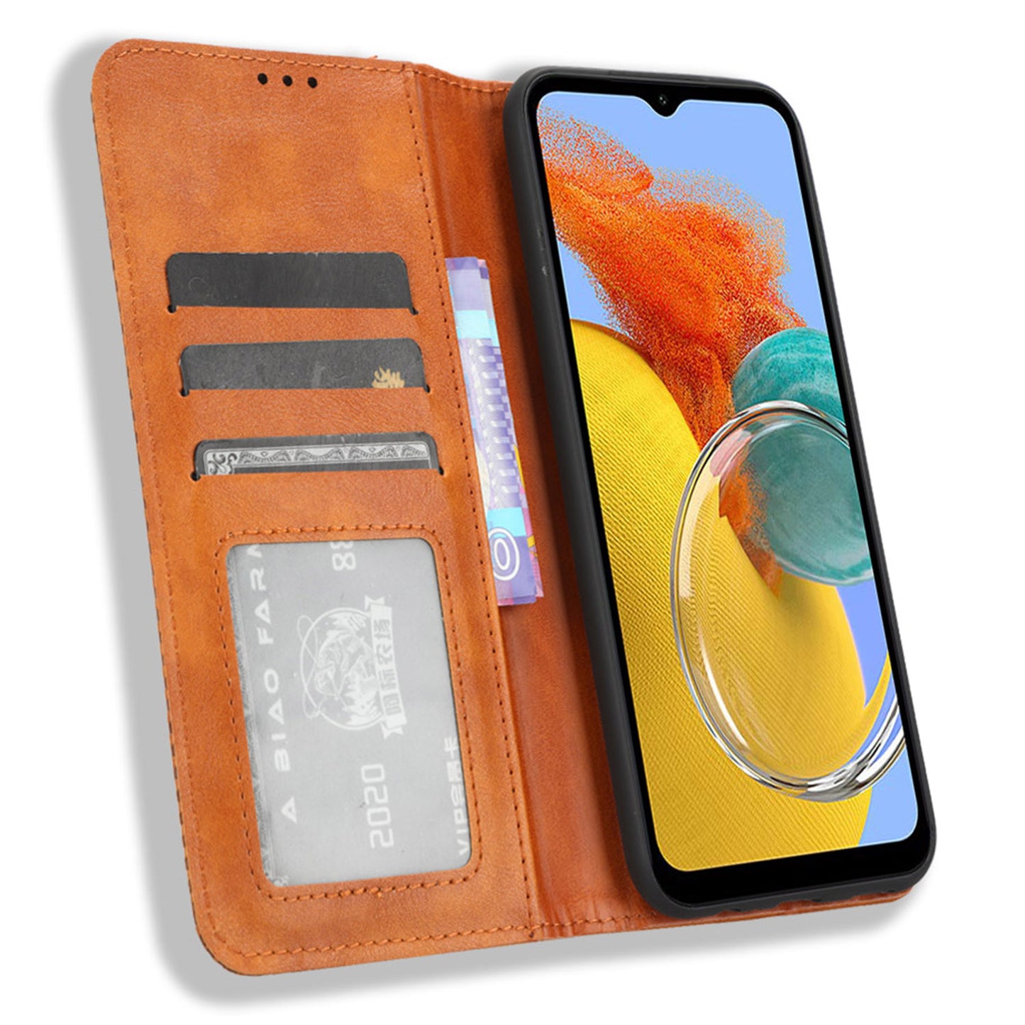 For Samsung Galaxy M14 5G Retro Phone Case PU Leather Phone Stand Wallet Protective Cover