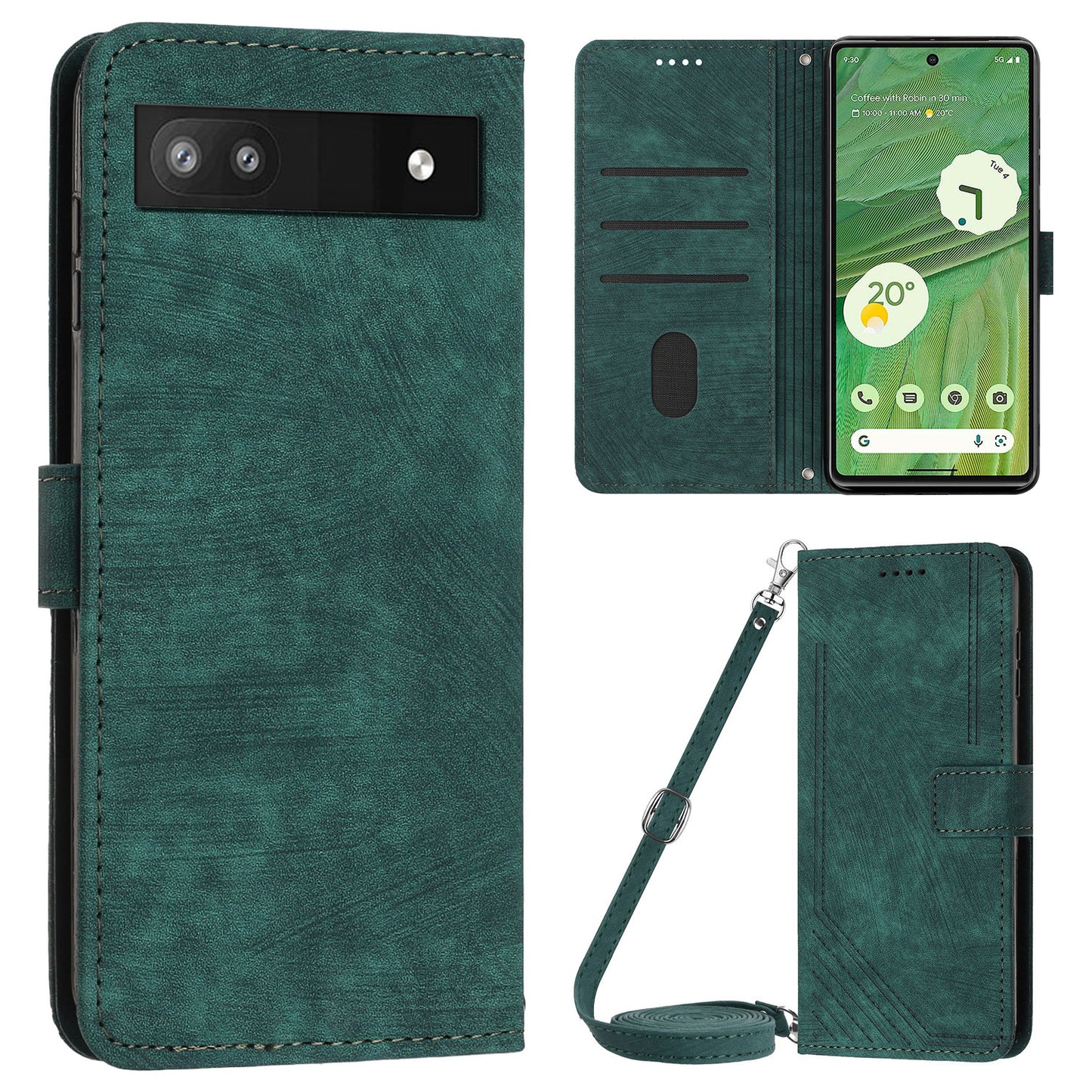 For Google Pixel 7a PU Leather Skin-touch Protective Cover Lines Imprint Wallet Stand Phone Case with 2 Straps