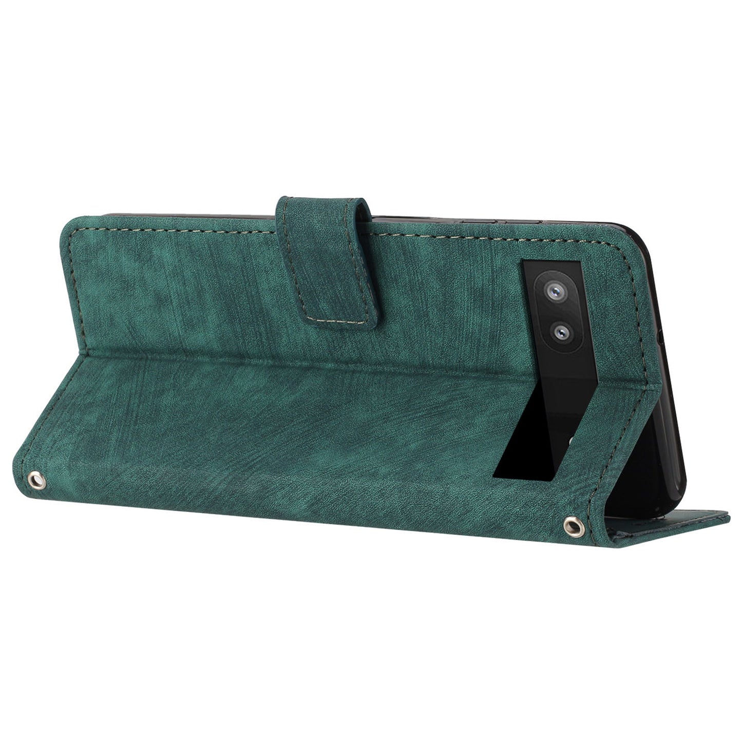 For Google Pixel 7a PU Leather Skin-touch Protective Cover Lines Imprint Wallet Stand Phone Case with 2 Straps