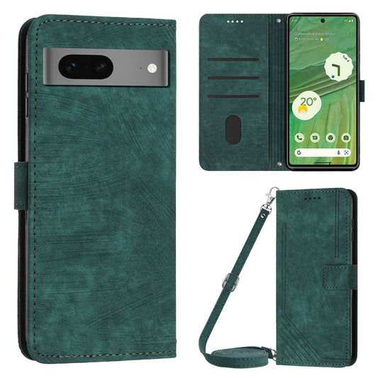 For Google Pixel 7 5G PU Leather Phone Case Lines Imprinted Stand Wallet Cover with 2 Straps