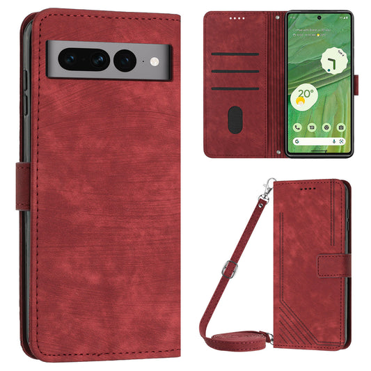 For Google Pixel 7 Pro 5G PU Leather Drop-proof Case Lines Imprint Flip Stand Wallet Phone Cover with 2 Straps