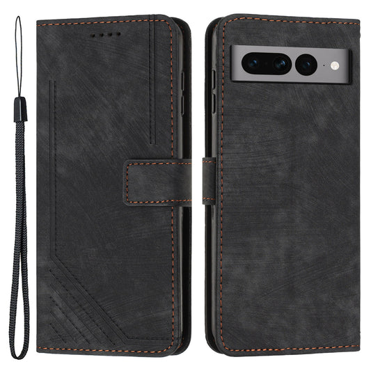 For Google Pixel 7 Pro 5G Skin-touch Phone Case Lines Imprint Leather Wallet Protective Cover with Stand