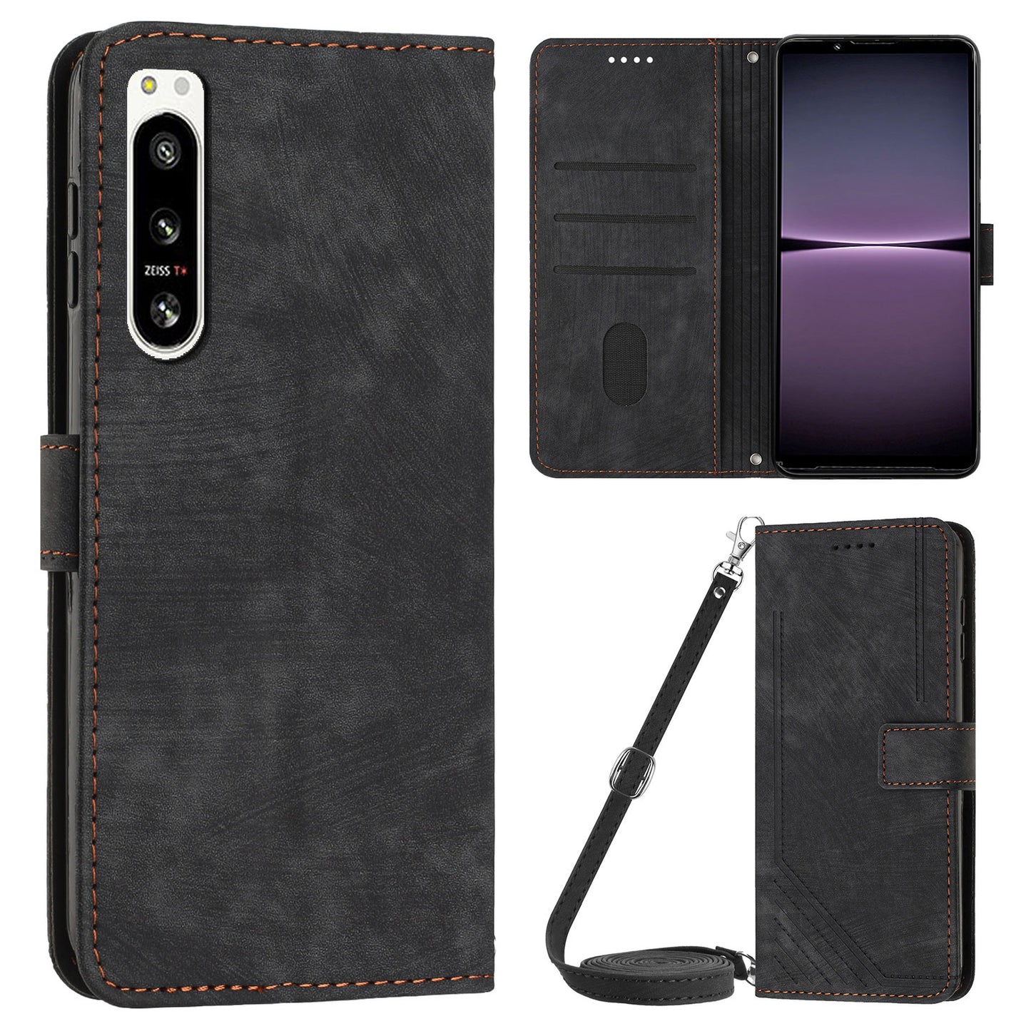 For Sony Xperia 5 IV 5G Lines Imprint Phone Case PU Leather Wallet Stand Anti-drop Cover with Shoulder+Wrist Strap