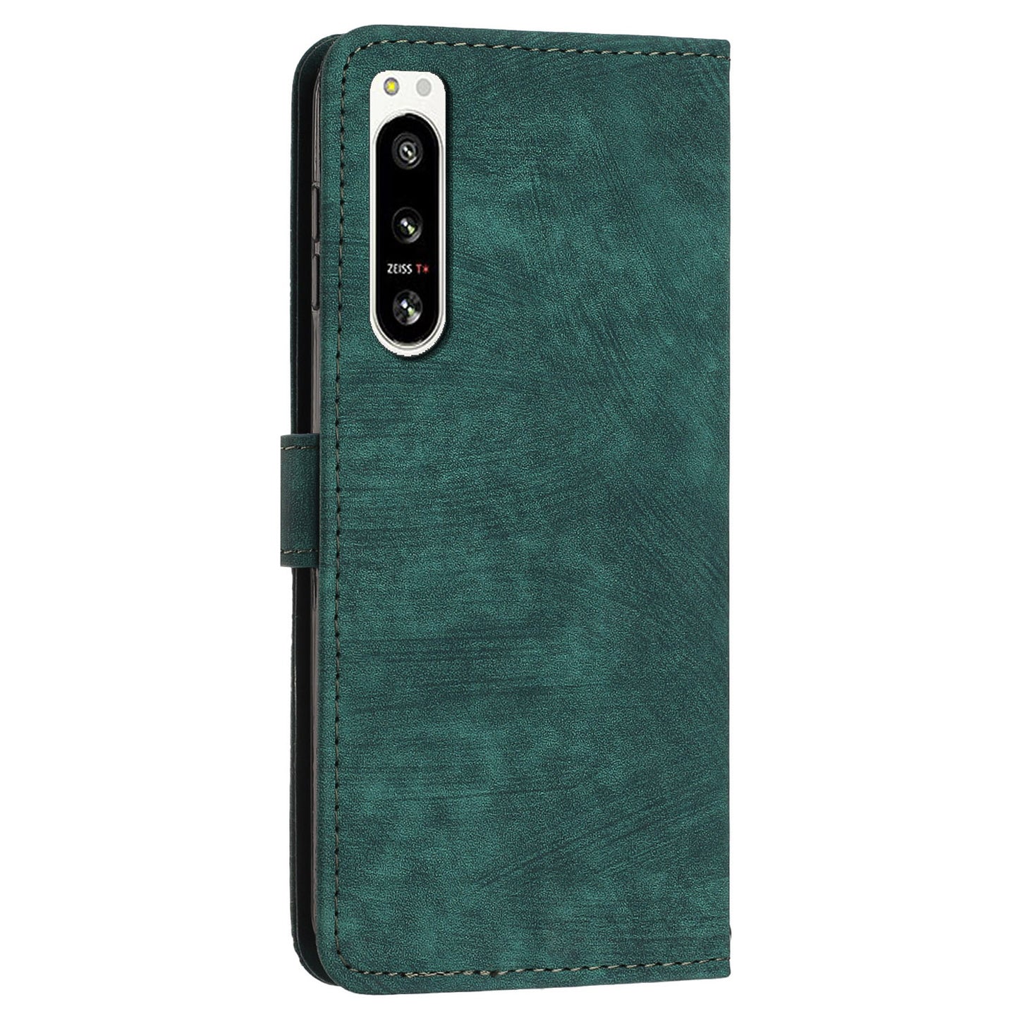 For Sony Xperia 5 IV 5G Lines Imprint Phone Case PU Leather Wallet Stand Anti-drop Cover with Shoulder+Wrist Strap