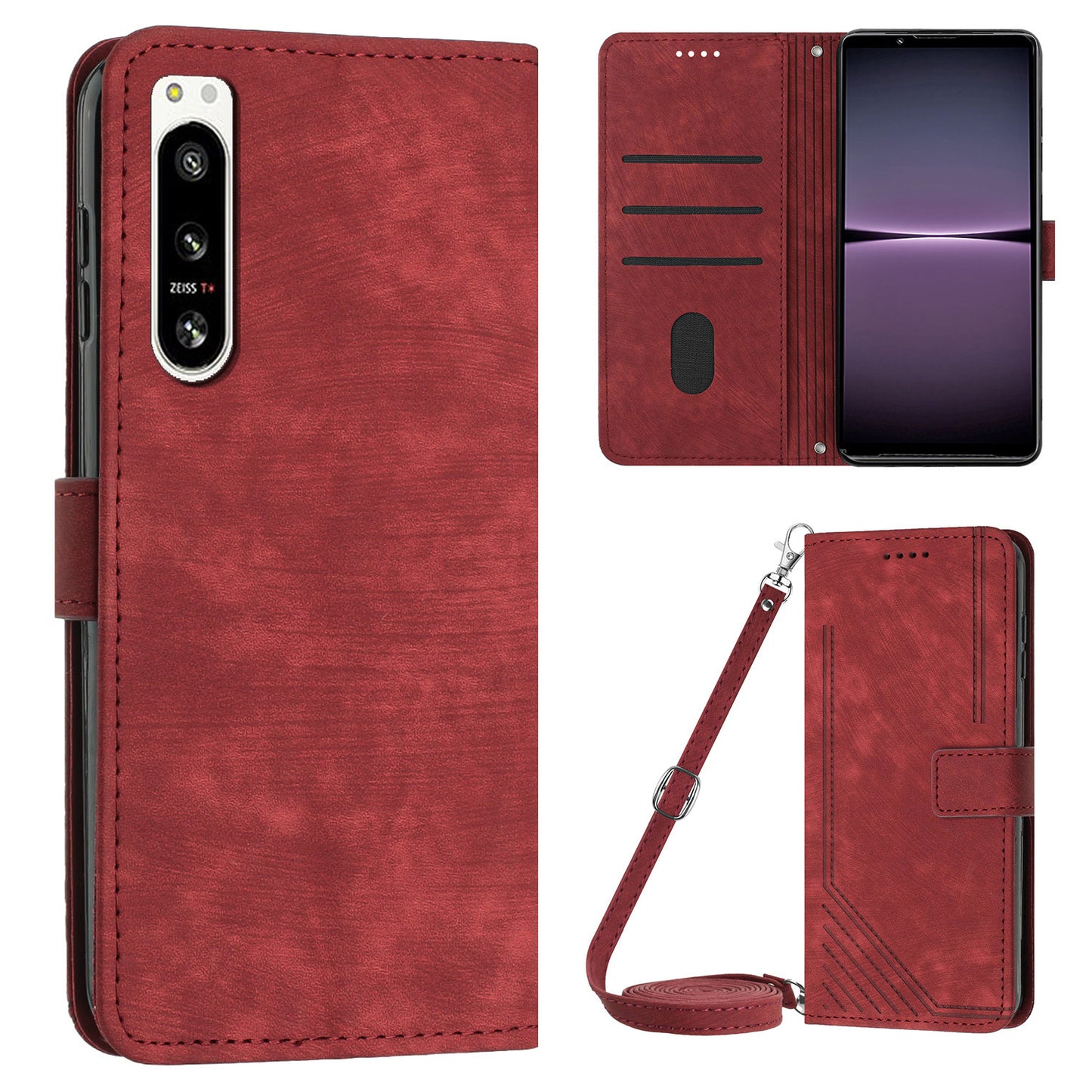For Sony Xperia 5 IV 5G Lines Imprint Phone Case PU Leather Wallet Stand Anti-drop Cover with Shoulder+Wrist Strap