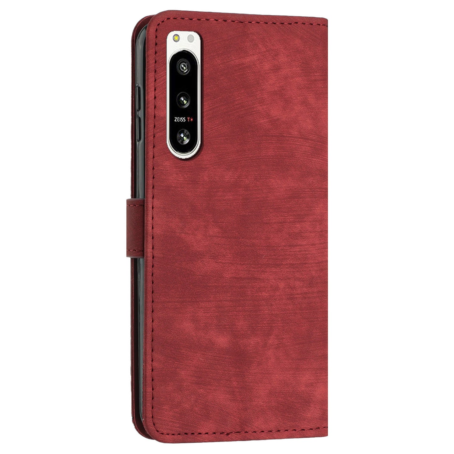 For Sony Xperia 5 IV 5G Lines Imprint Phone Case PU Leather Wallet Stand Anti-drop Cover with Shoulder+Wrist Strap