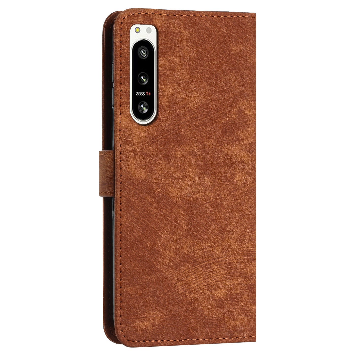 For Sony Xperia 5 IV 5G Lines Imprint Phone Case PU Leather Wallet Stand Anti-drop Cover with Shoulder+Wrist Strap