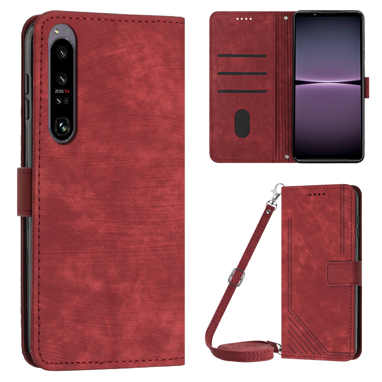 For Sony Xperia 1 IV 5G PU Leather Wallet Case Lines Imprinted Stand Shockproof Cover with 2 Straps