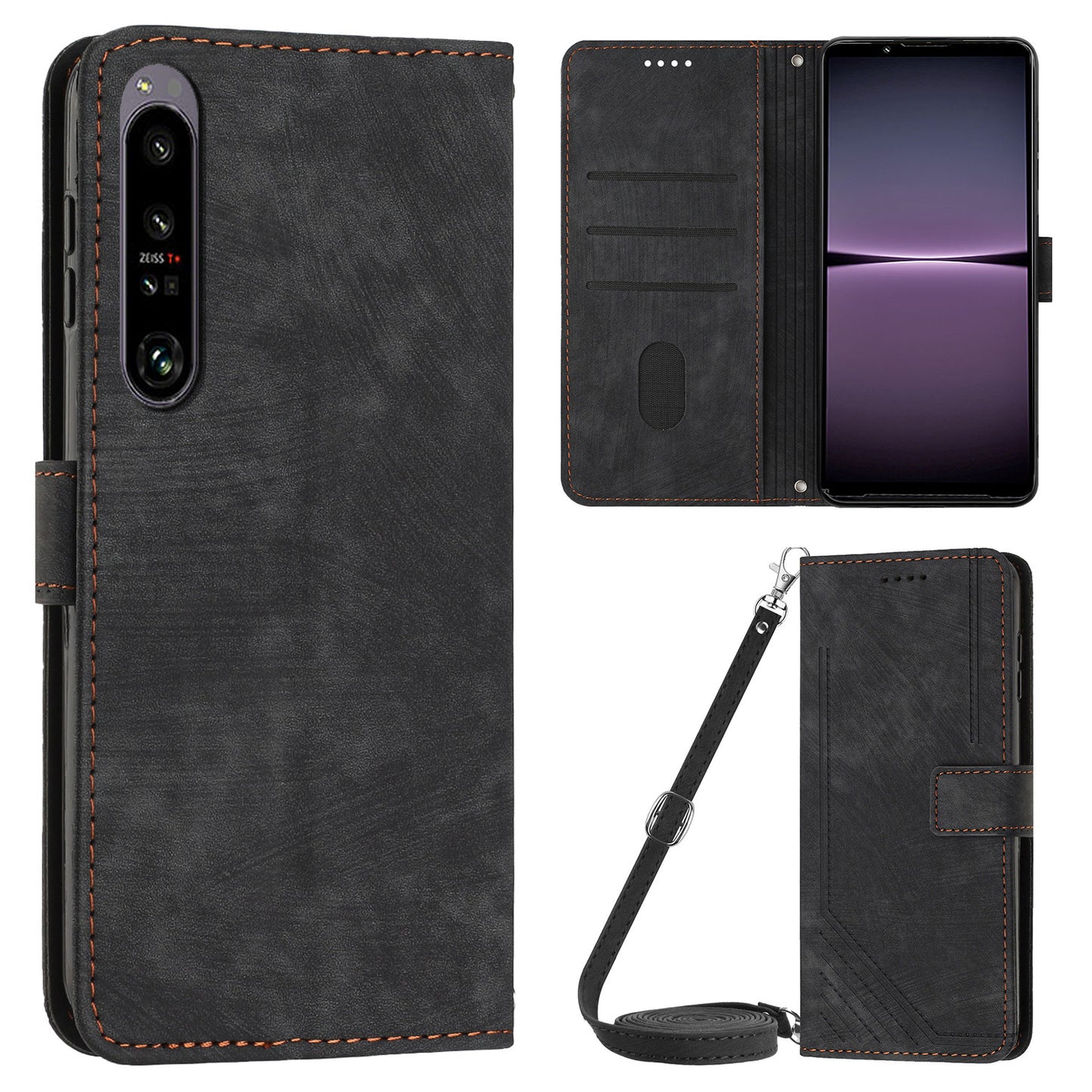 For Sony Xperia 1 IV 5G PU Leather Wallet Case Lines Imprinted Stand Shockproof Cover with 2 Straps