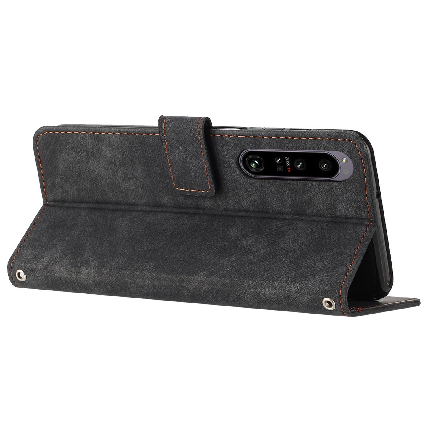 For Sony Xperia 1 IV 5G PU Leather Wallet Case Lines Imprinted Stand Shockproof Cover with 2 Straps