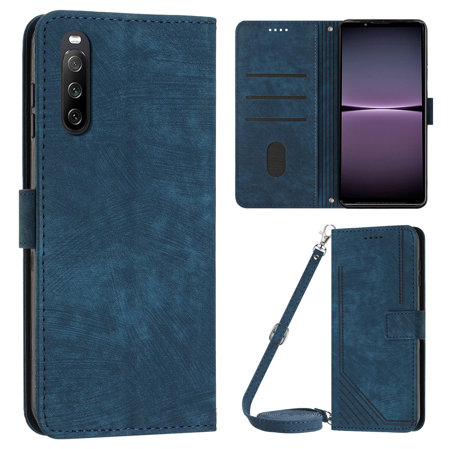 For Sony Xperia 10 IV 5G PU Leather Stand Phone Case Lines Imprint Wallet Cover with Short+Long Strap