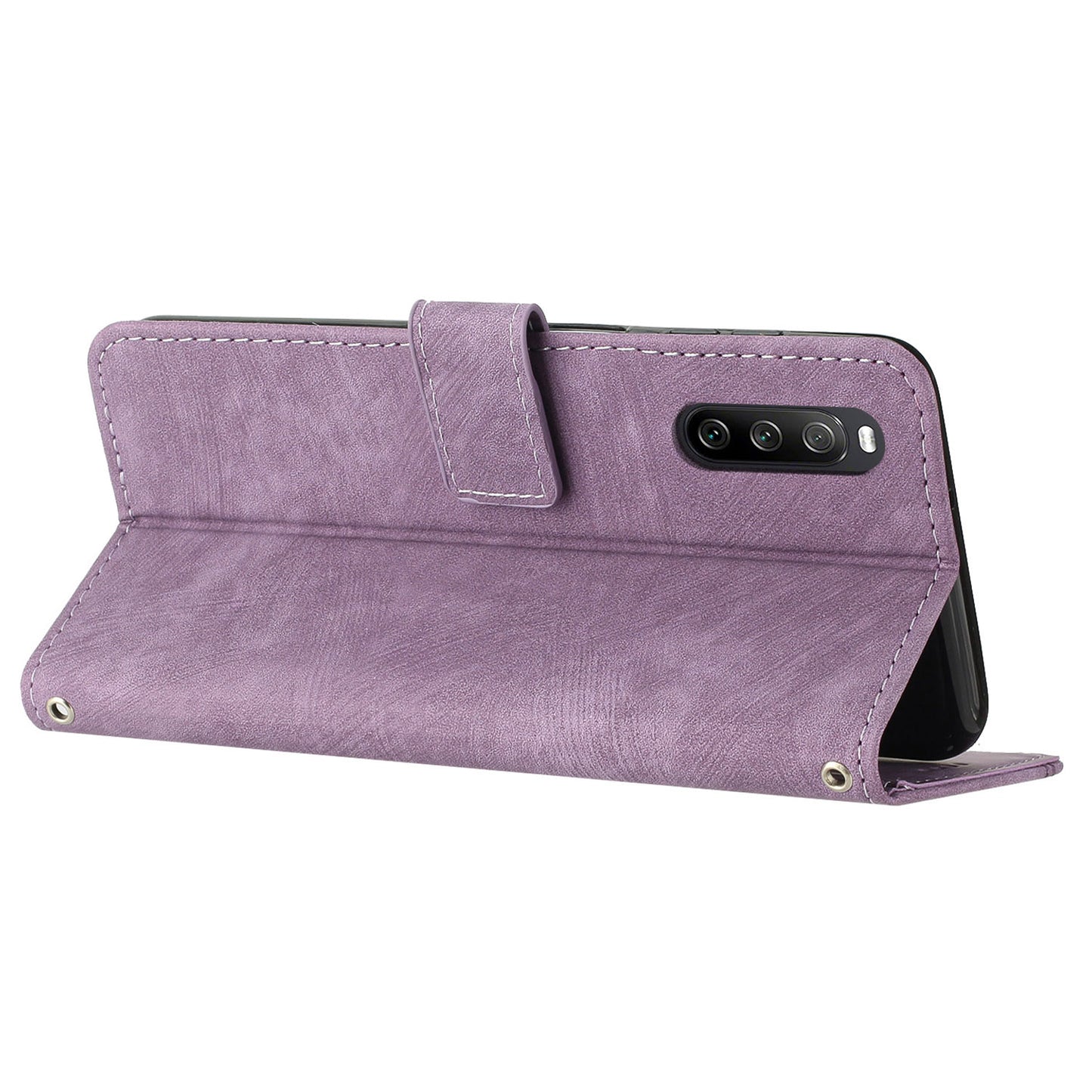 For Sony Xperia 10 IV 5G PU Leather Stand Phone Case Lines Imprint Wallet Cover with Short+Long Strap