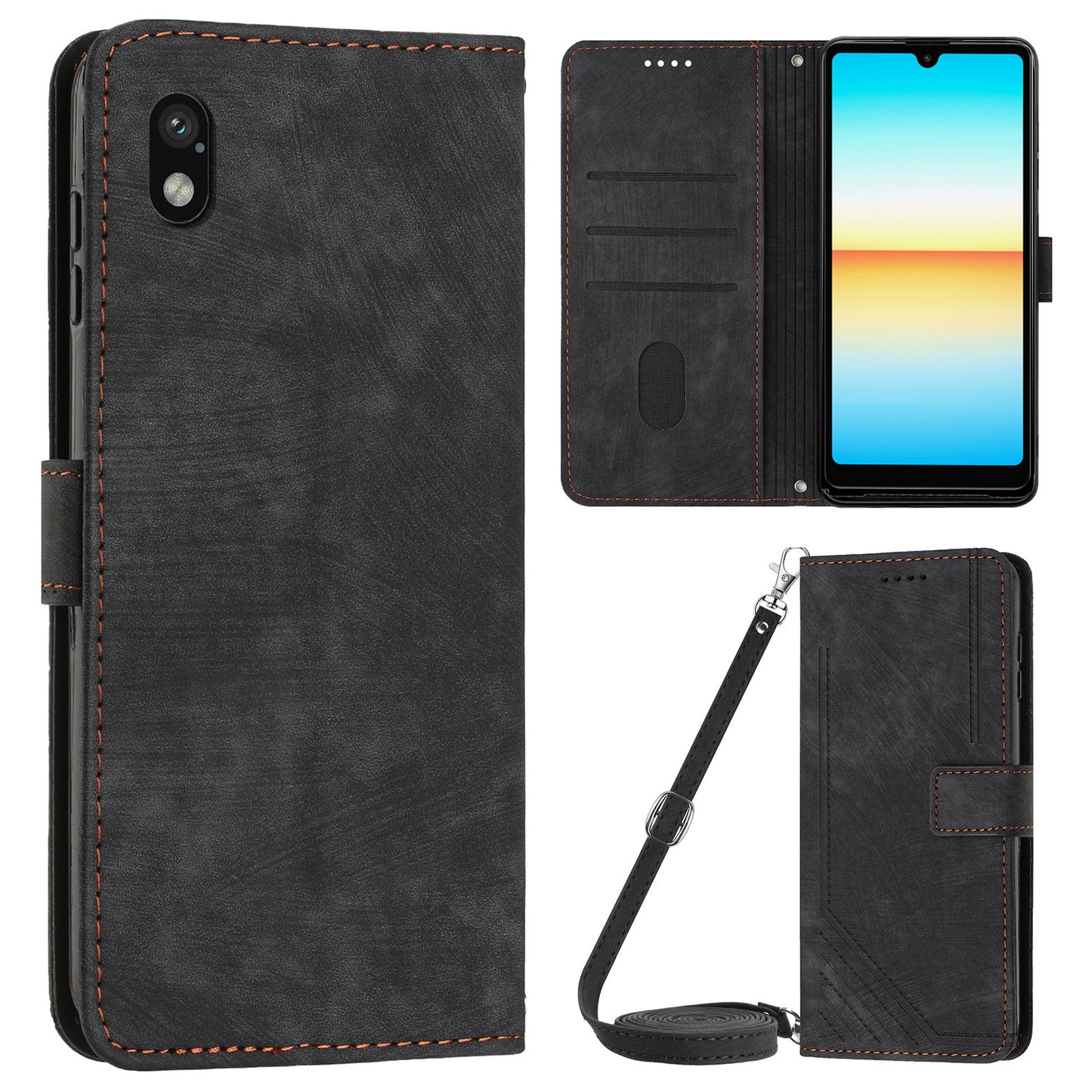 For Sony Xperia Ace III PU Leather Case Wallet Lines Imprinted Folio Stand Phone Cover with Shoulder Strap