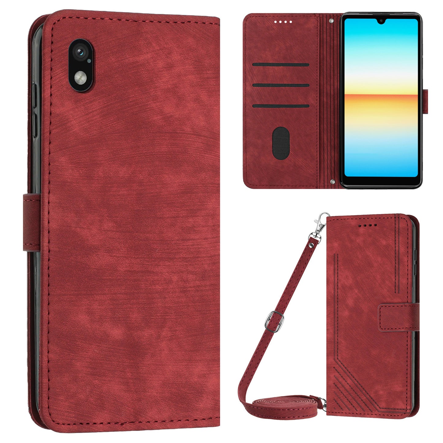 For Sony Xperia Ace III PU Leather Case Wallet Lines Imprinted Folio Stand Phone Cover with Shoulder Strap