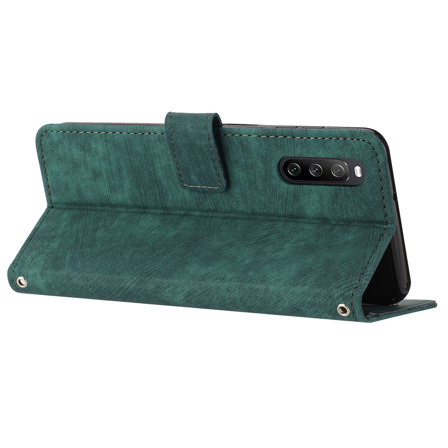 For Sony Xperia 10 V Wallet Phone Case PU Leather Lines Imprinted Stand Shoulder Strap Flip Cover