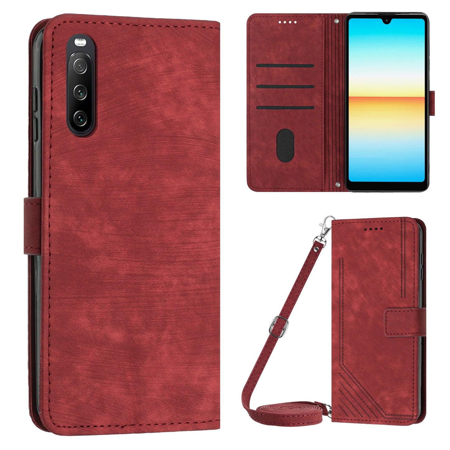 For Sony Xperia 10 V Wallet Phone Case PU Leather Lines Imprinted Stand Shoulder Strap Flip Cover