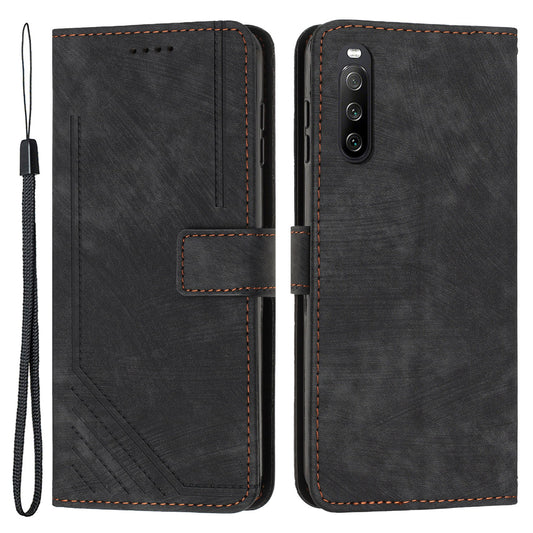 For Sony Xperia 10 V Lines Imprint Full Protection Stand Cover Skin-touch Leather Wallet Phone Case