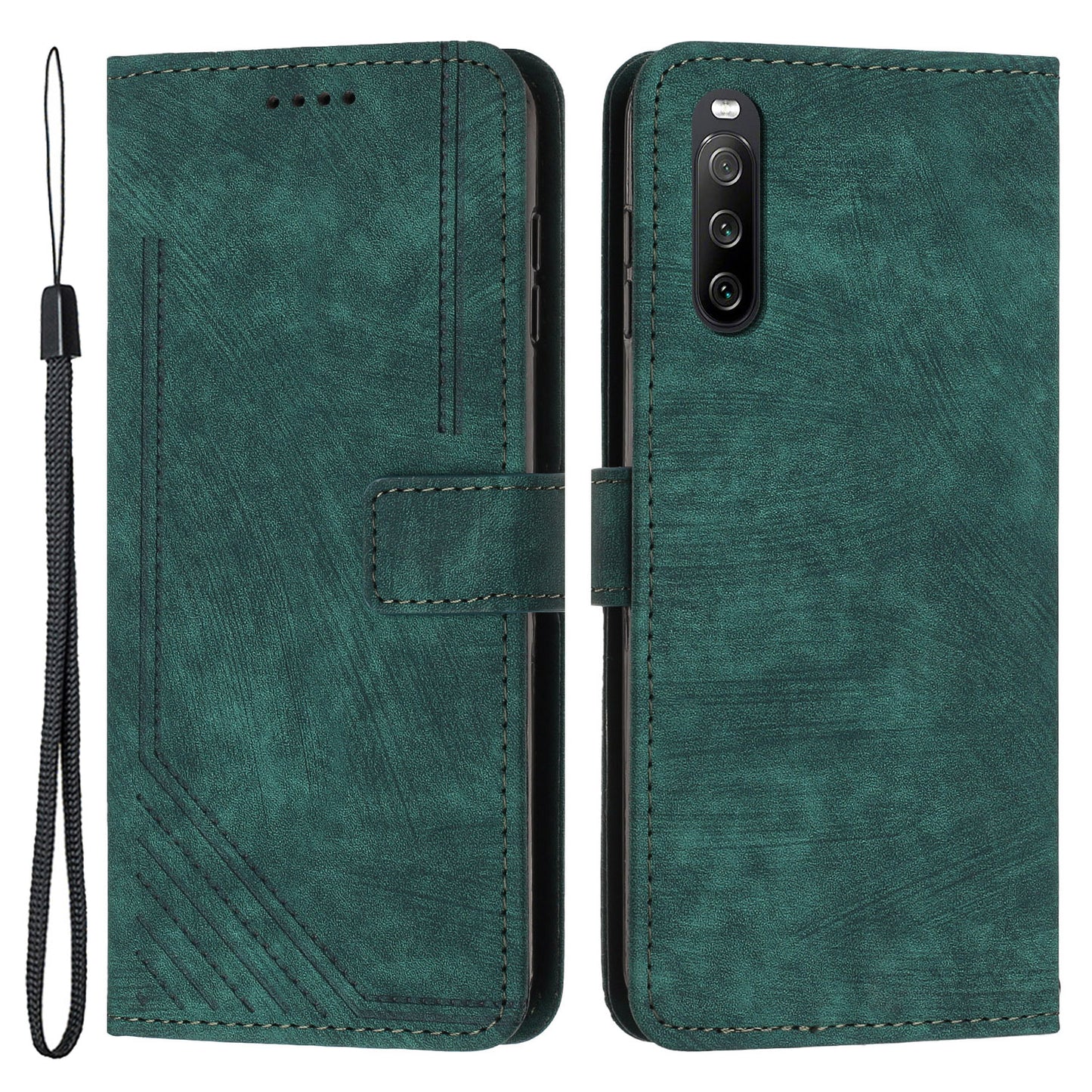 For Sony Xperia 10 V Lines Imprint Full Protection Stand Cover Skin-touch Leather Wallet Phone Case