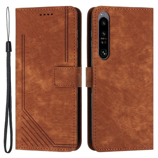 For Sony Xperia 1 V 2023 Lines Imprint Leather Wallet Anti-drop Shell Skin-touch Flip Stand Mobile Case