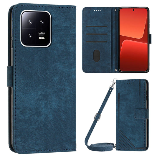PU Leather Wallet Case for Xiaomi 13 5G , Lines Imprinted Stand Phone Cover with Shoulder Strap