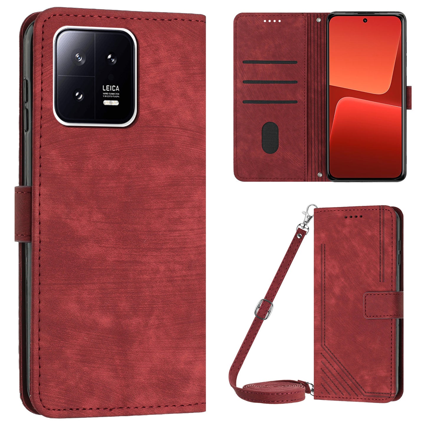 PU Leather Wallet Case for Xiaomi 13 5G , Lines Imprinted Stand Phone Cover with Shoulder Strap