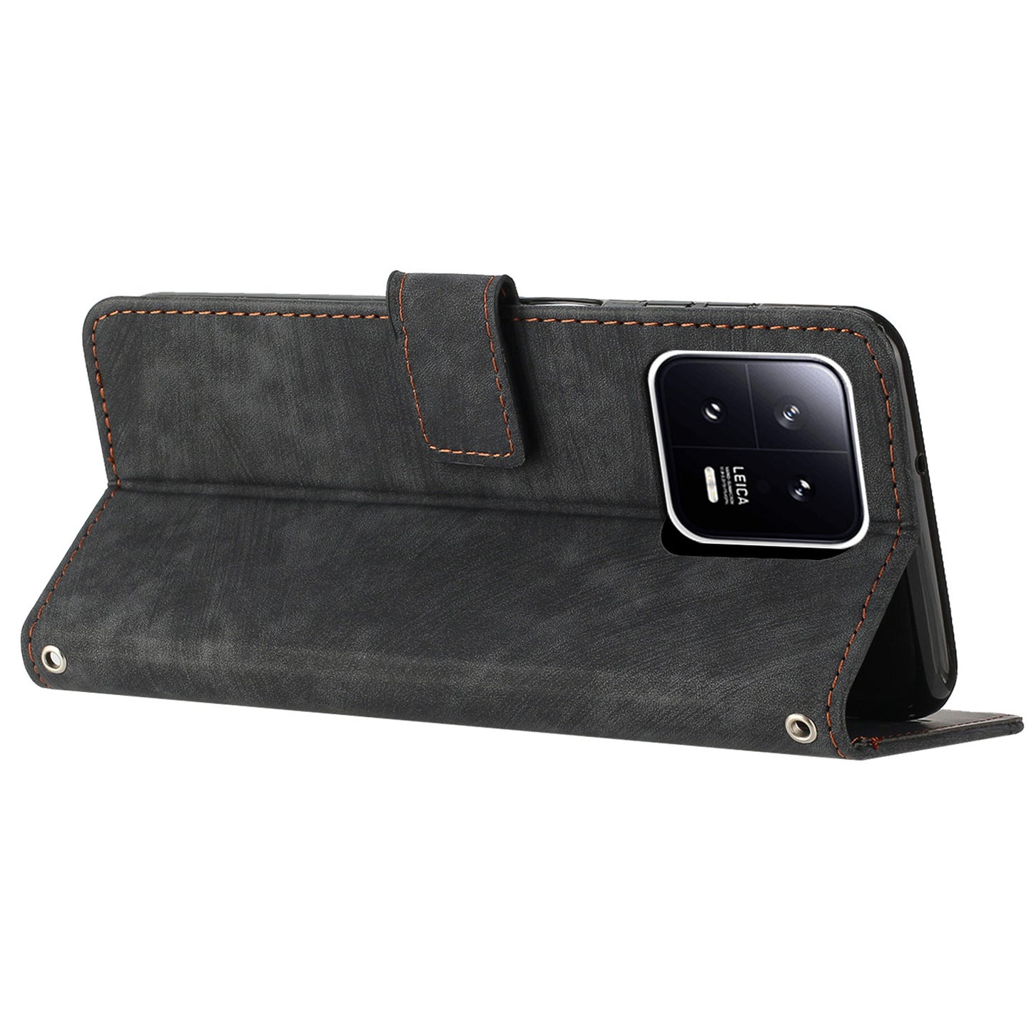 PU Leather Wallet Case for Xiaomi 13 5G , Lines Imprinted Stand Phone Cover with Shoulder Strap