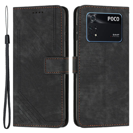 For Xiaomi Poco M4 Pro 4G Lines Imprinted Phone Case Skin-touch Leather Wallet Phone Cover with Stand