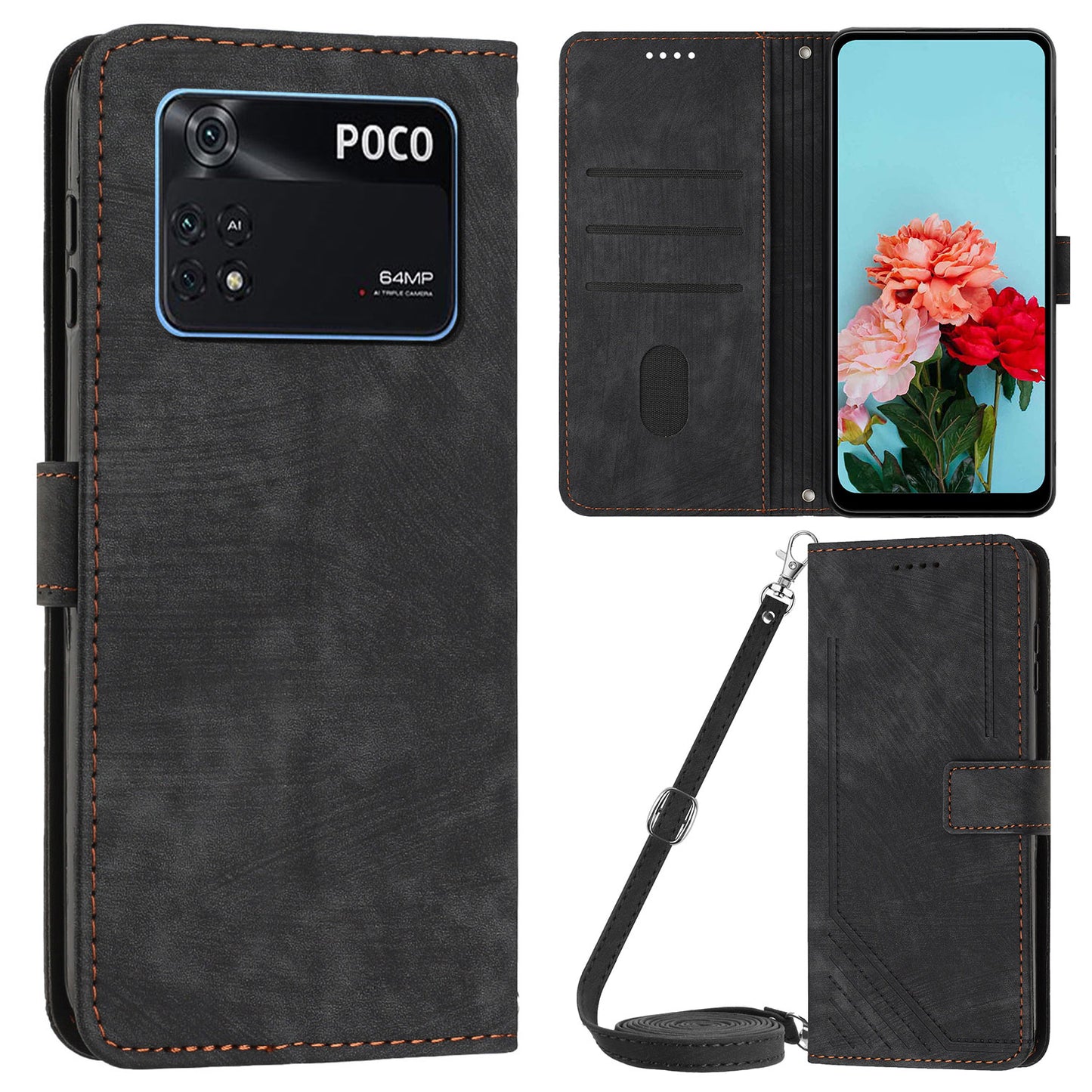 For Xiaomi Poco M4 Pro 4G PU Leather Stand Wallet Case Lines Imprinted Flip Shockproof Phone Cover