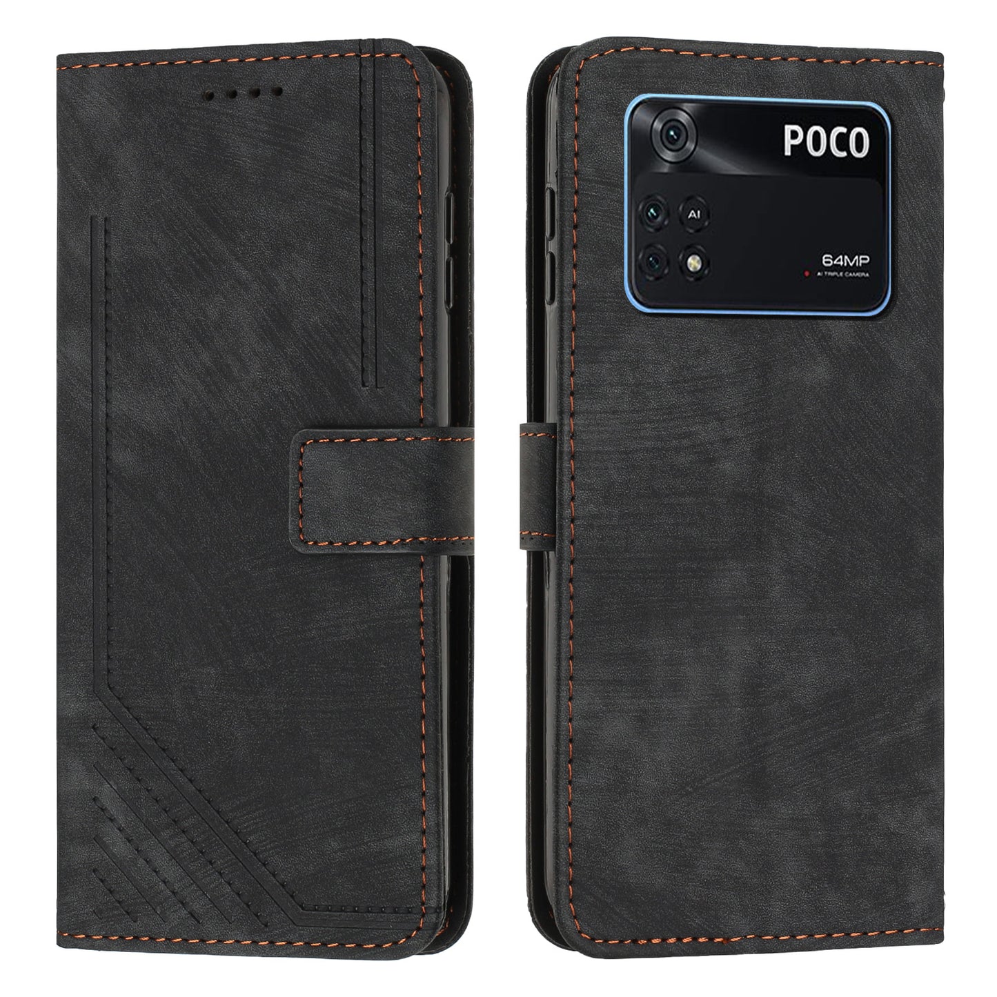 For Xiaomi Poco M4 Pro 4G PU Leather Stand Wallet Case Lines Imprinted Flip Shockproof Phone Cover
