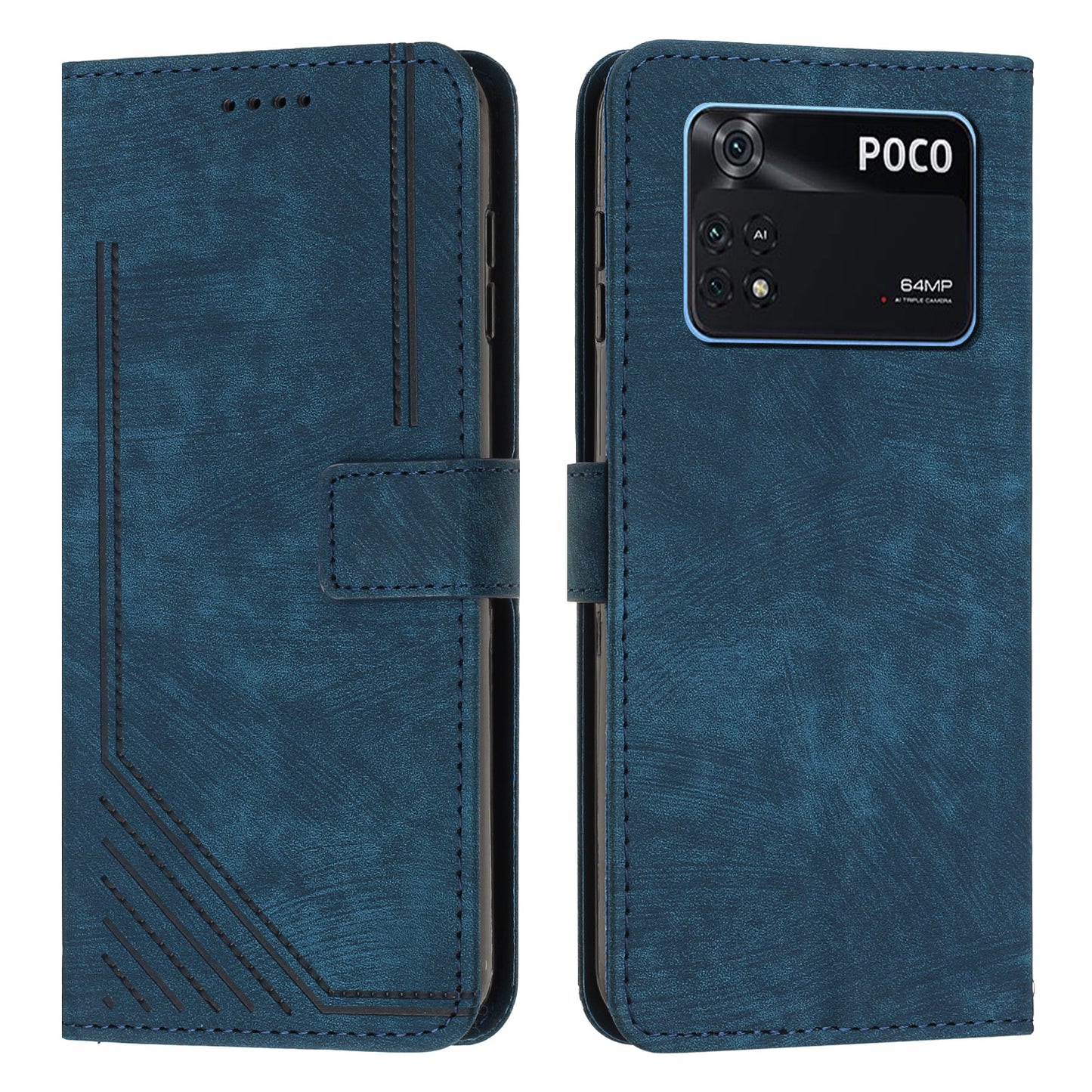For Xiaomi Poco M4 Pro 4G PU Leather Stand Wallet Case Lines Imprinted Flip Shockproof Phone Cover