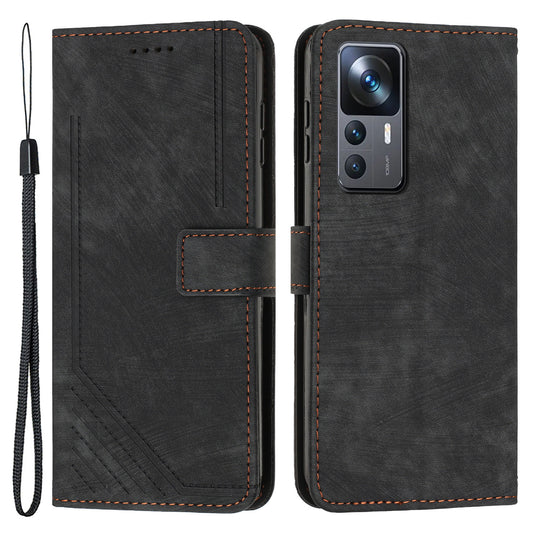 For Xiaomi 12T 5G / 12T Pro 5G / Redmi K50 Ultra 5G Lines Imprint Anti-drop Phone Case Skin-touch Leather Wallet Cover with Stand