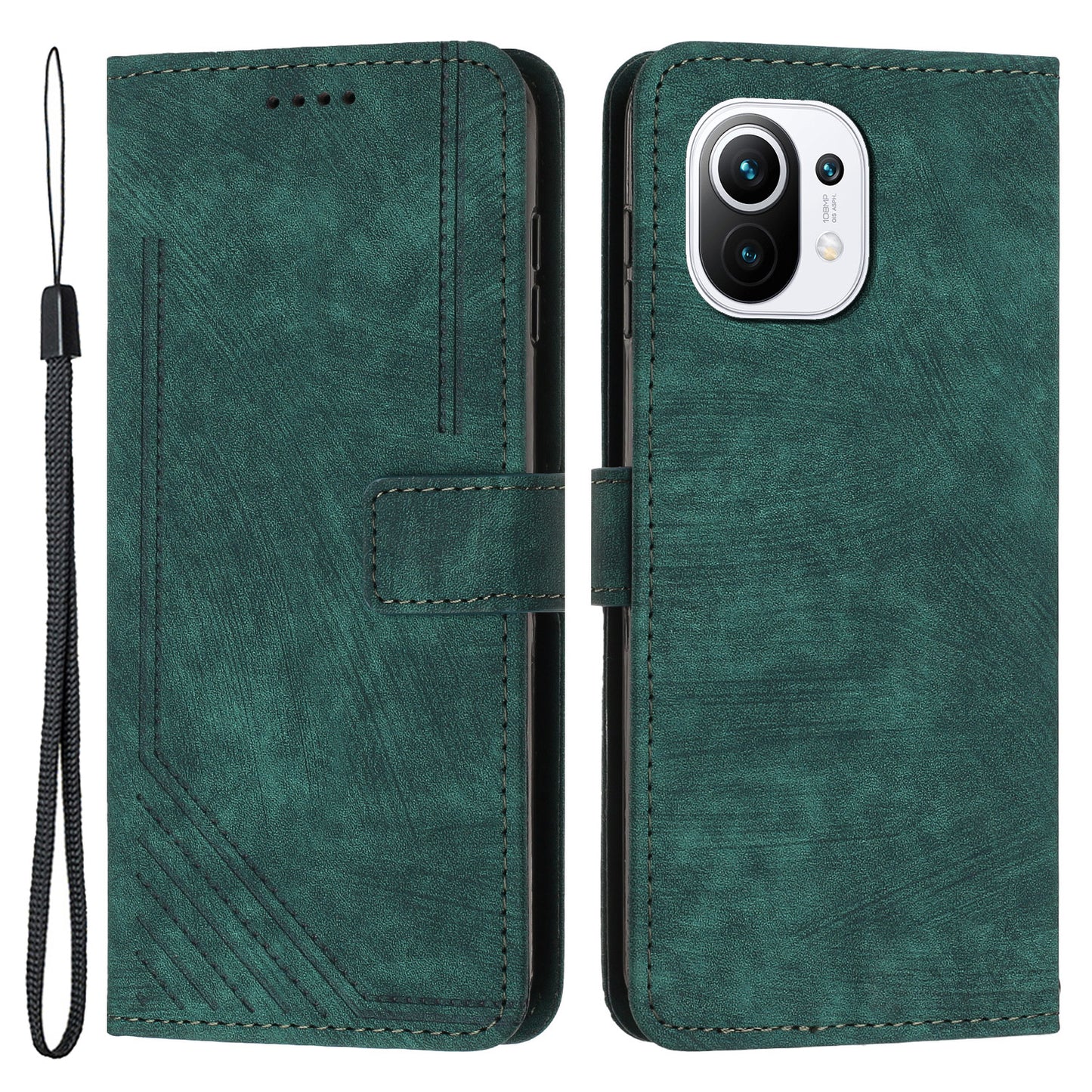 For Xiaomi 11 Lite 5G NE / Mi 11 Lite 4G / 5G Drop-proof Leather Wallet Shell Lines Imprint Skin-touch Folding Stand Phone Case