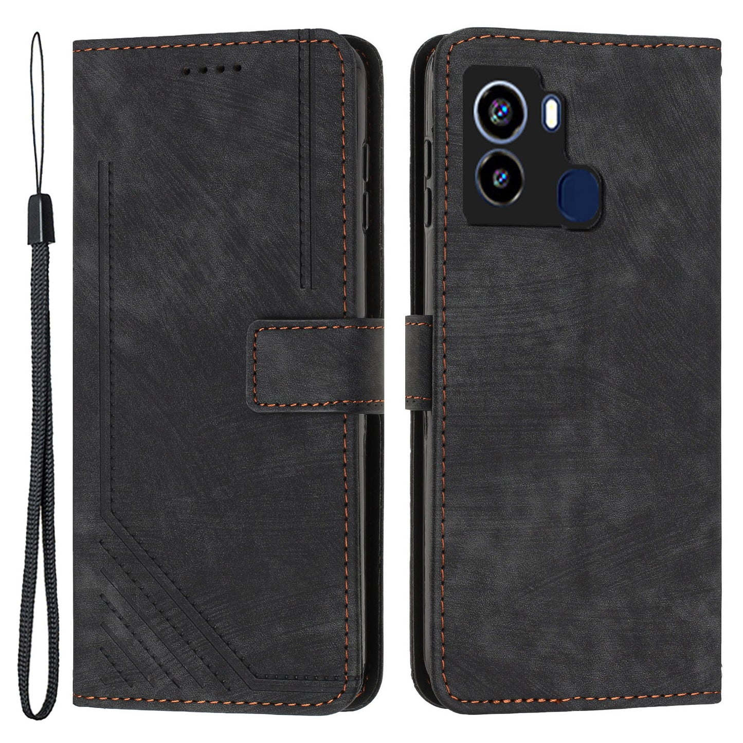 For Tecno Pop 6 4G PU Leather Skin-touch Phone Case Lines Imprinted Wallet Stand Cover