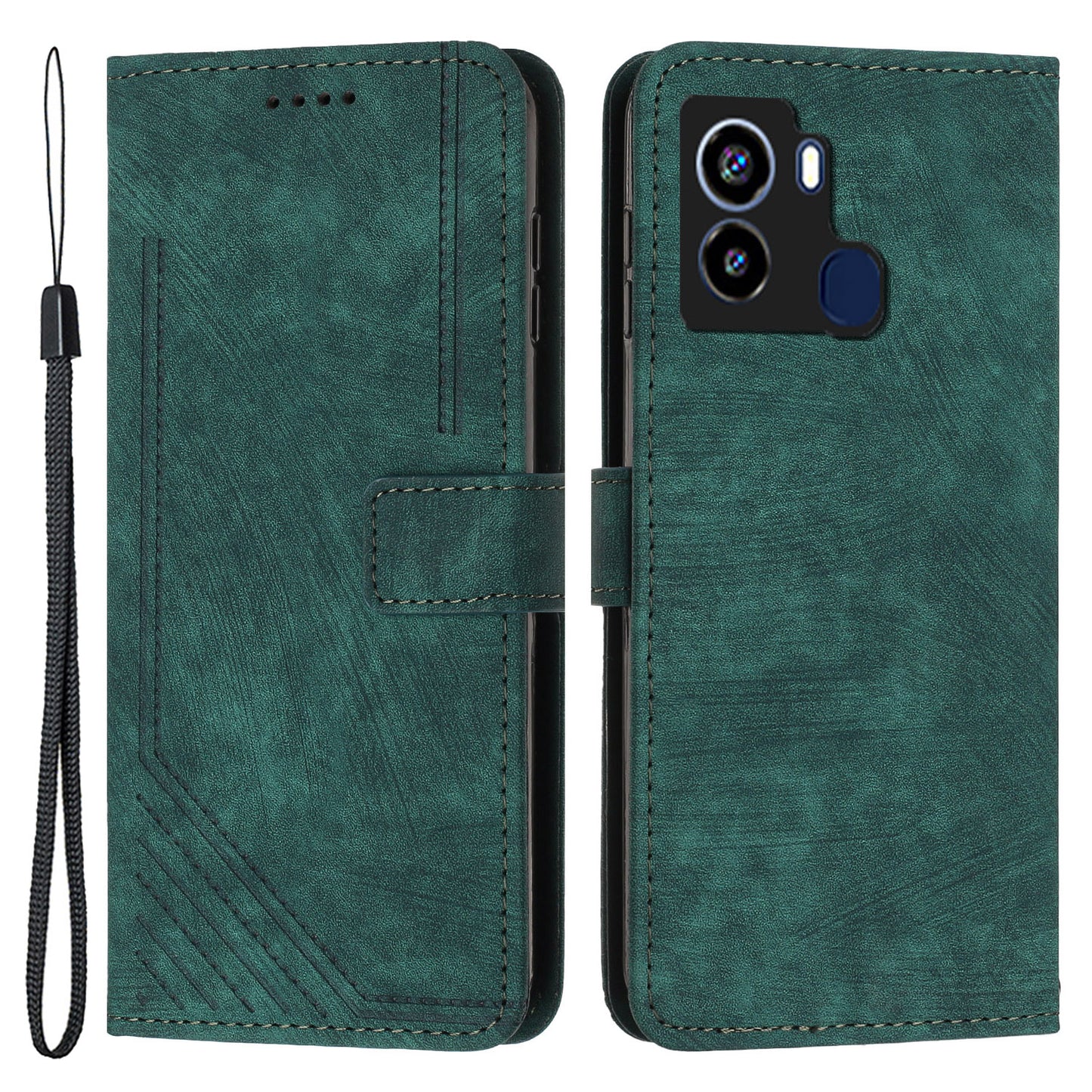 For Tecno Pop 6 4G PU Leather Skin-touch Phone Case Lines Imprinted Wallet Stand Cover