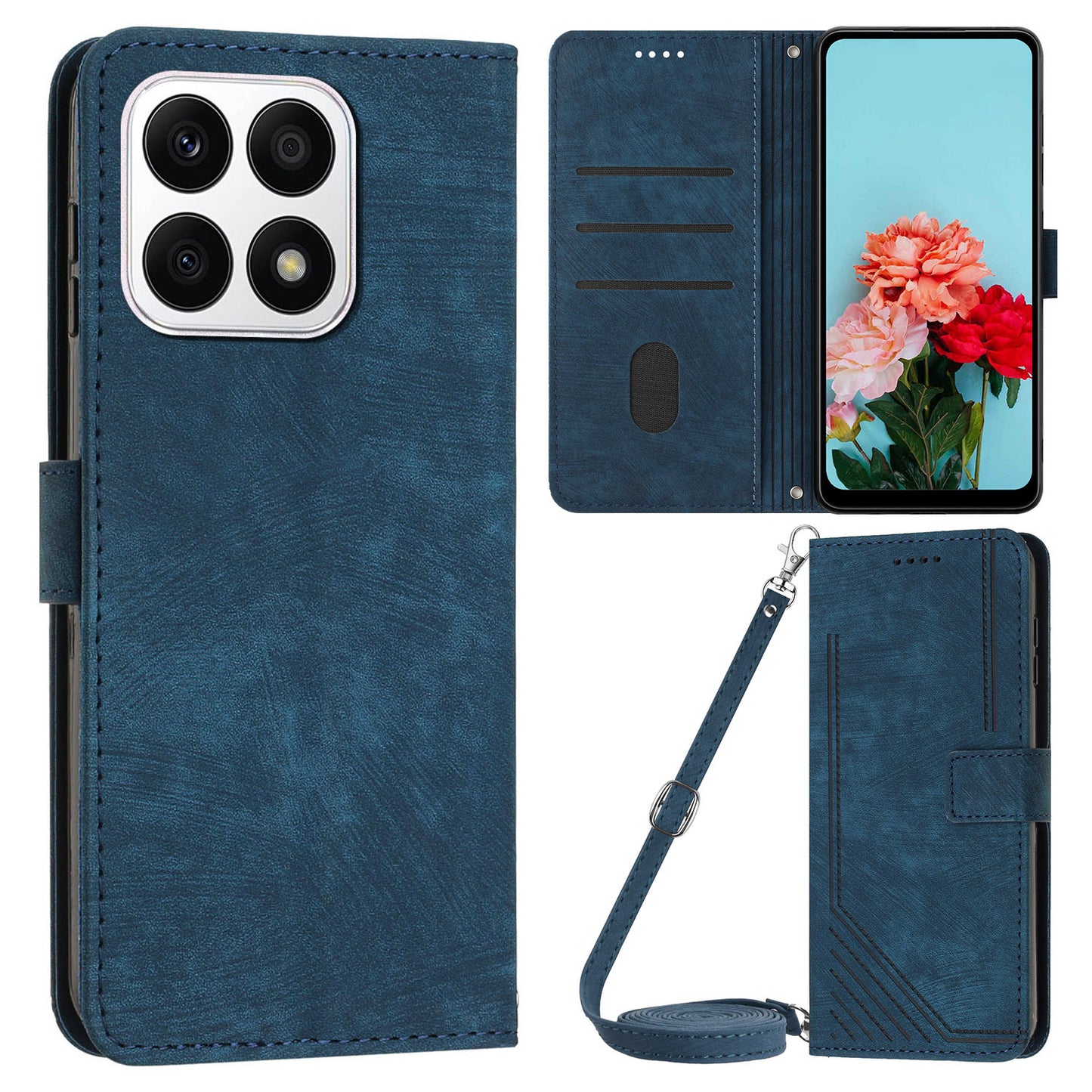 For Honor X8a 4G PU Leather Wallet Case Lines Imprinted Stand Drop-proof Phone Shell with 2 Straps