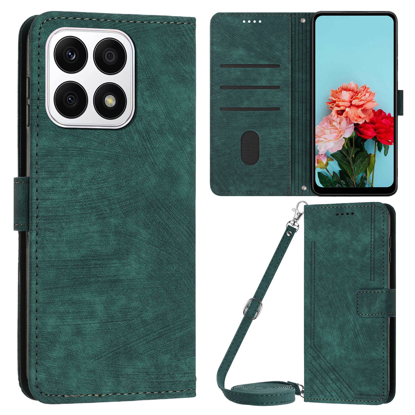 For Honor X8a 4G PU Leather Wallet Case Lines Imprinted Stand Drop-proof Phone Shell with 2 Straps