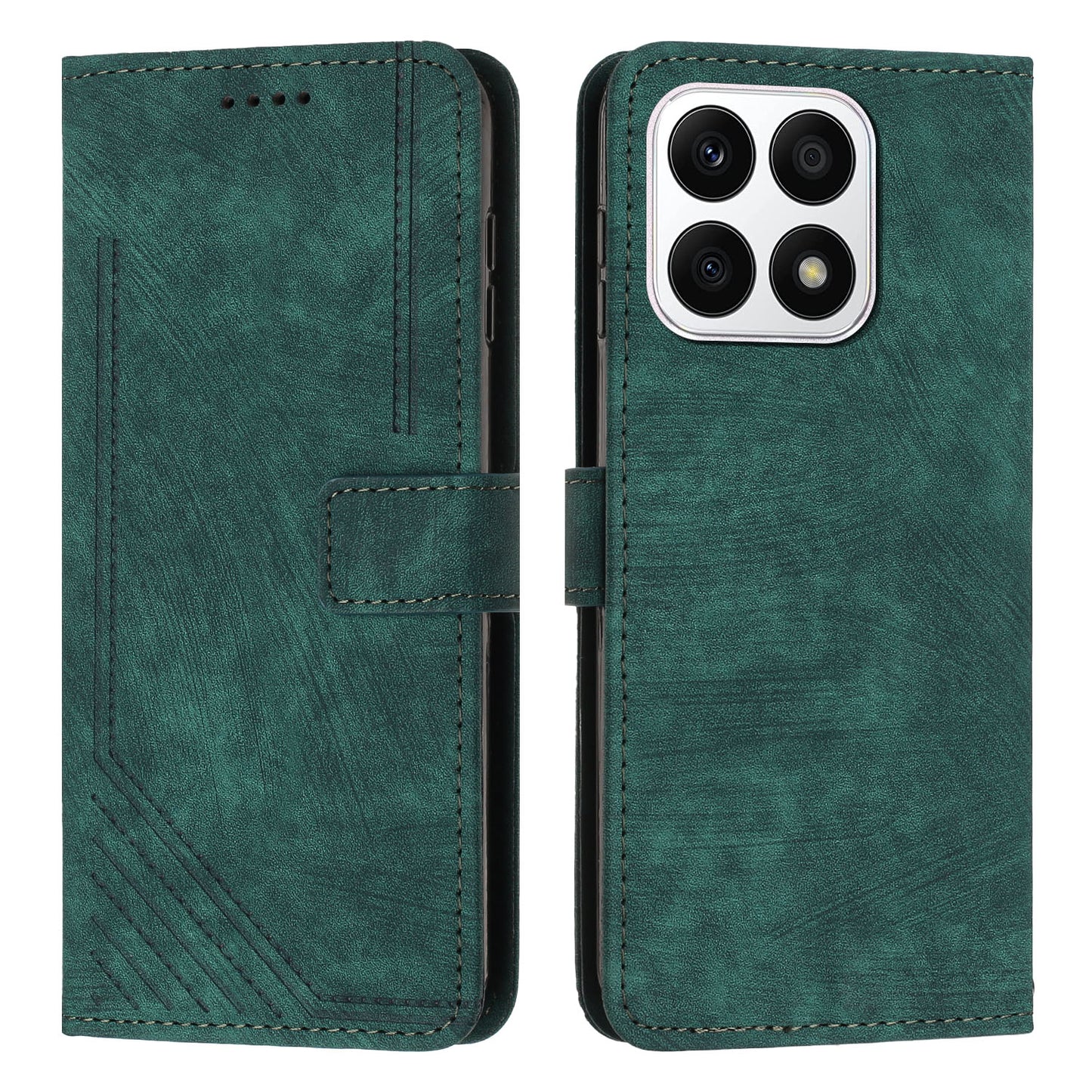 For Honor X8a 4G PU Leather Wallet Case Lines Imprinted Stand Drop-proof Phone Shell with 2 Straps