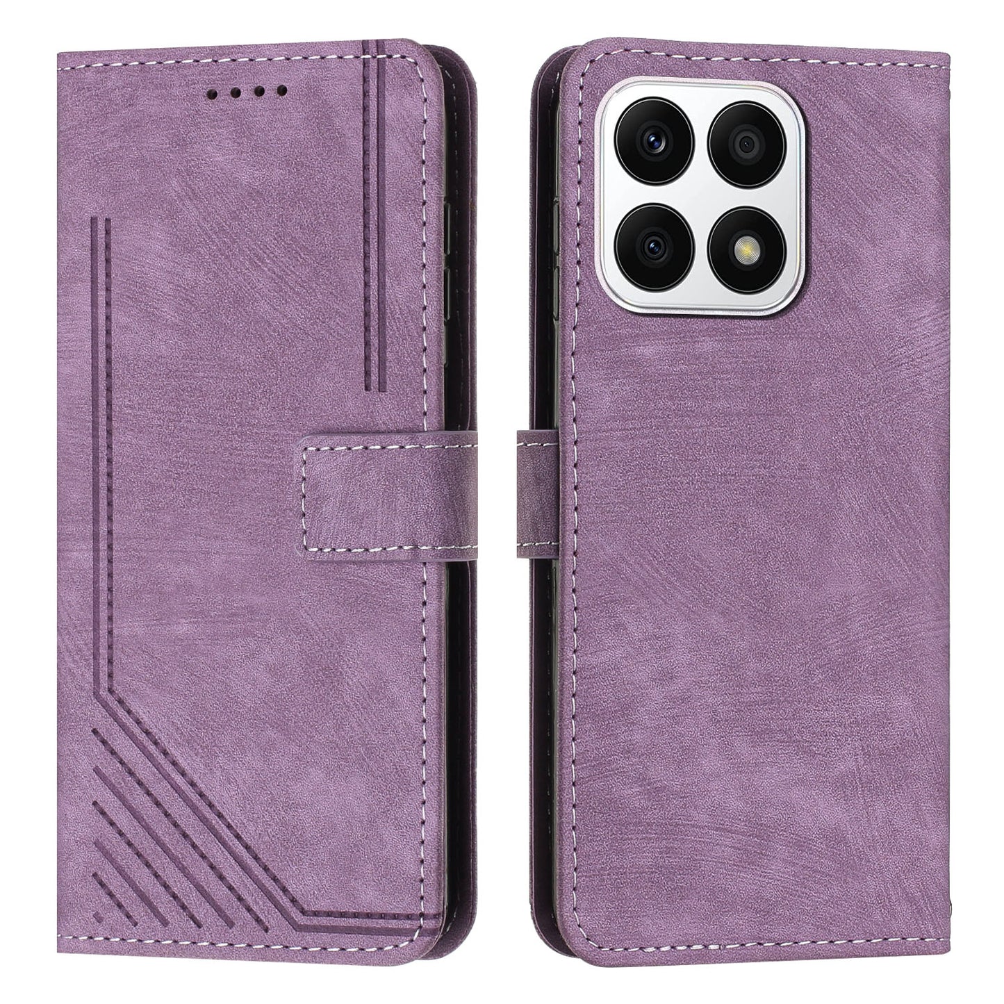 For Honor X8a 4G PU Leather Wallet Case Lines Imprinted Stand Drop-proof Phone Shell with 2 Straps