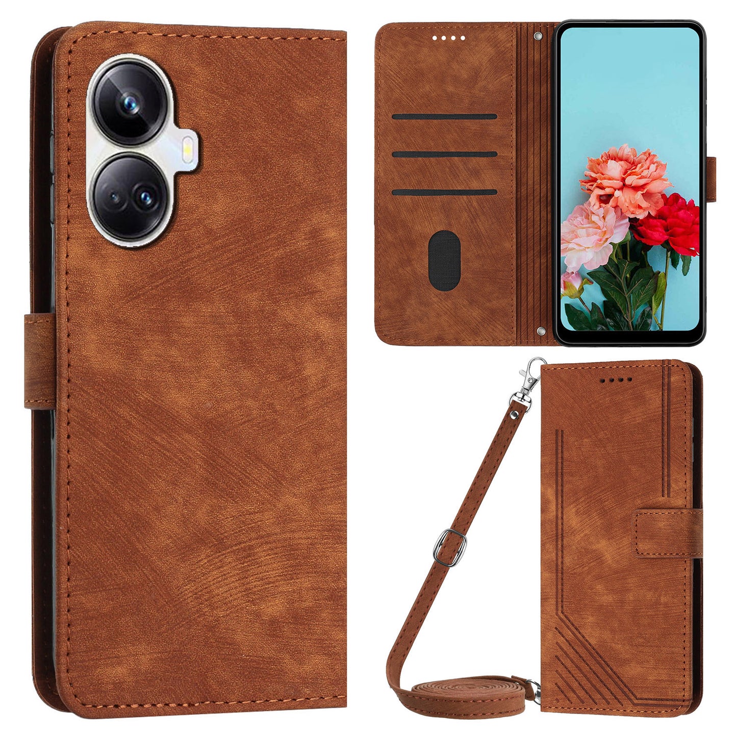 For Realme 10 Pro+ 5G PU Leather Protective Cover Lines Imprinted Stand Magnetic Folio Phone Case