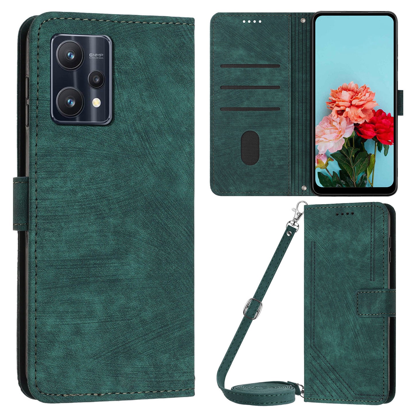For Realme 9 Pro 5G / 9 5G / V25 / OnePlus Nord CE 2 Lite 5G Phone Case Leather Lines Imprinted Stand Wallet Cover with Straps