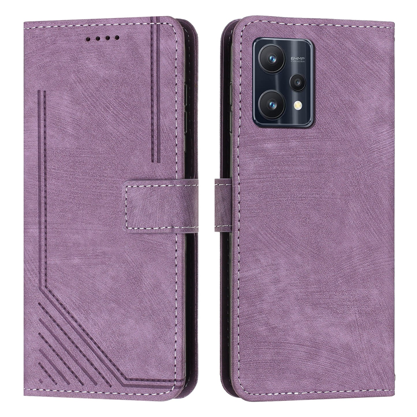 For Realme 9 Pro 5G / 9 5G / V25 / OnePlus Nord CE 2 Lite 5G Phone Case Leather Lines Imprinted Stand Wallet Cover with Straps