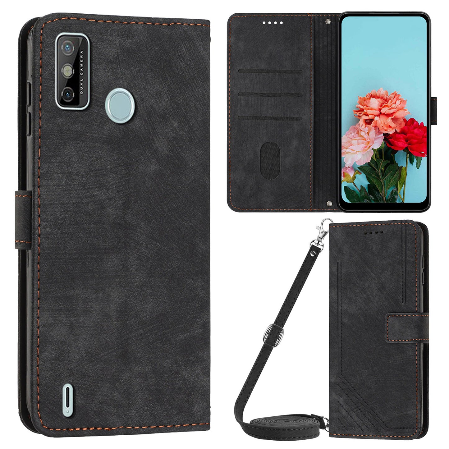 For Tecno Spark 6 Go / Spark Go 2021 / 2020 Leather Phone Wallet Case Lines Imprinted Stand Cover with Straps