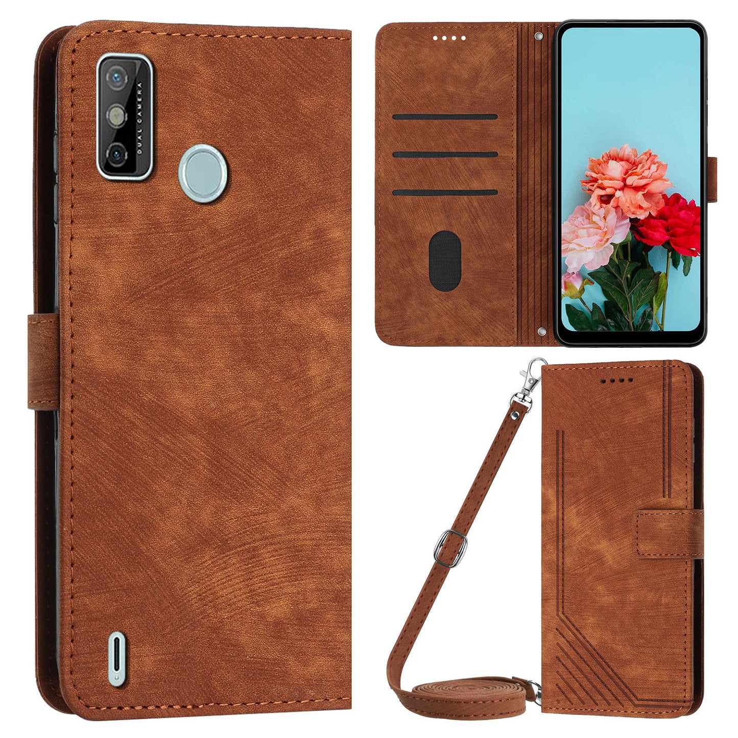 For Tecno Spark 6 Go / Spark Go 2021 / 2020 Leather Phone Wallet Case Lines Imprinted Stand Cover with Straps