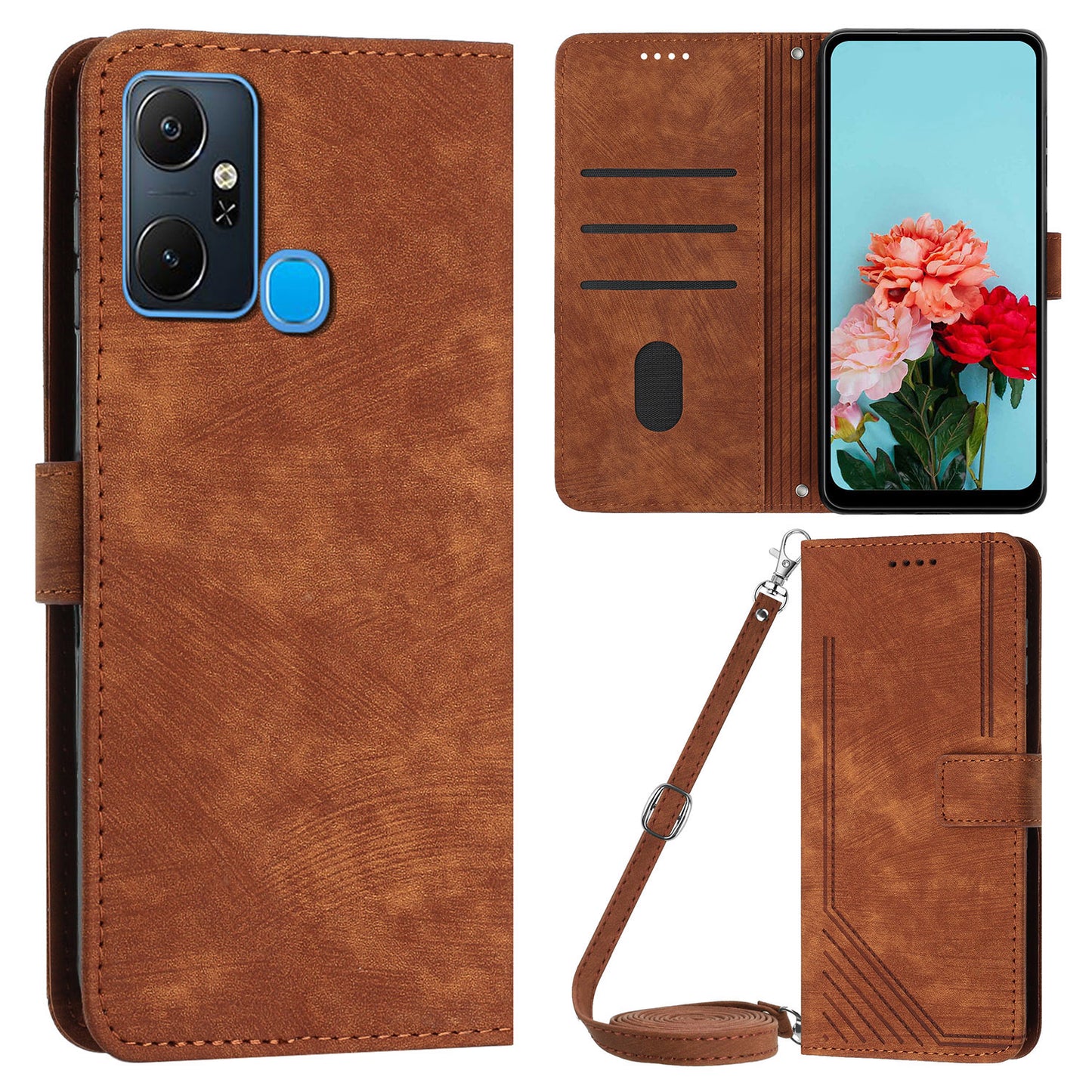 For Infinix Smart 6 Plus (India) 4G Stand PU Leather Wallet Phone Case Lines Imprinted Cover with Straps