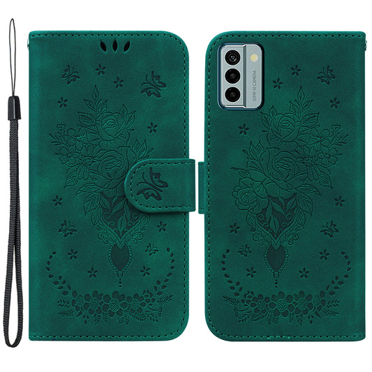 For Nokia G22 Smartphone Cover Phone Stand Case Rose Butterfly Imprinted PU Leather Wallet Phone Shell